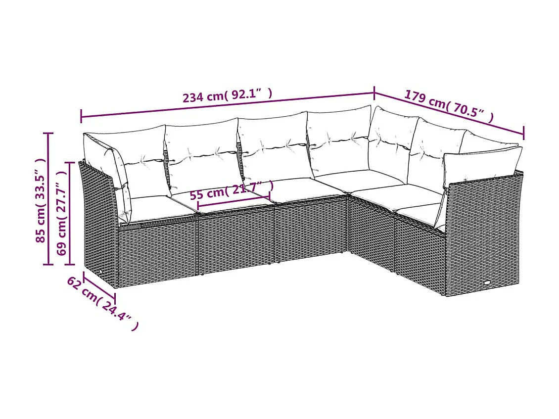 6 pcs conjunto de sofás p/ jardim com almofadões vime PE bege