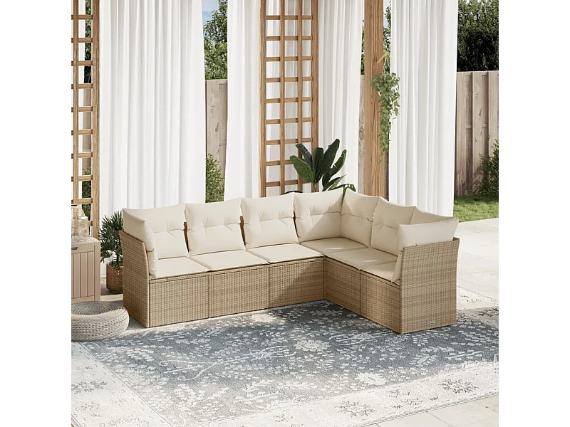 6 pcs conjunto de sofás p/ jardim com almofadões vime PE bege