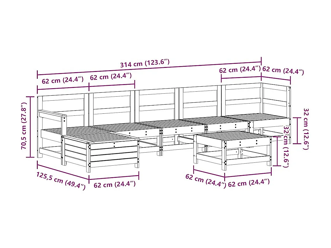 7 pcs conjunto lounge de jardim madeira de pinho impregnada