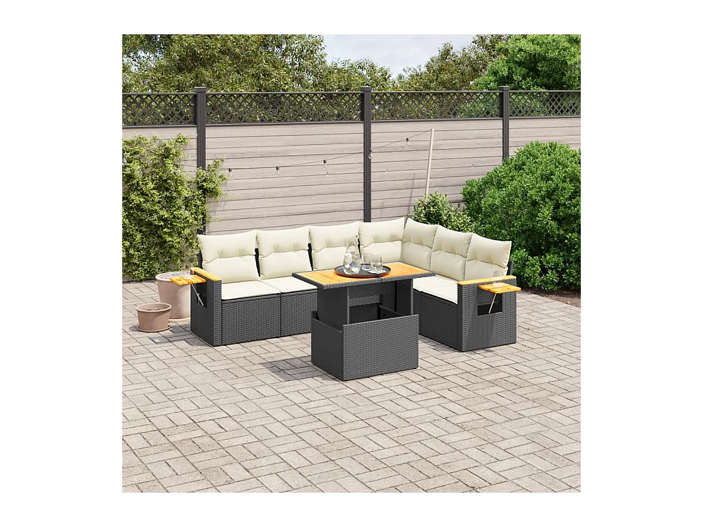 Salon de jardin 7 pcs avec coussins noir résine tressée