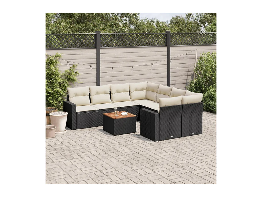 Set Divani da Giardino 9 pz con Cuscini Nero in Polyrattan