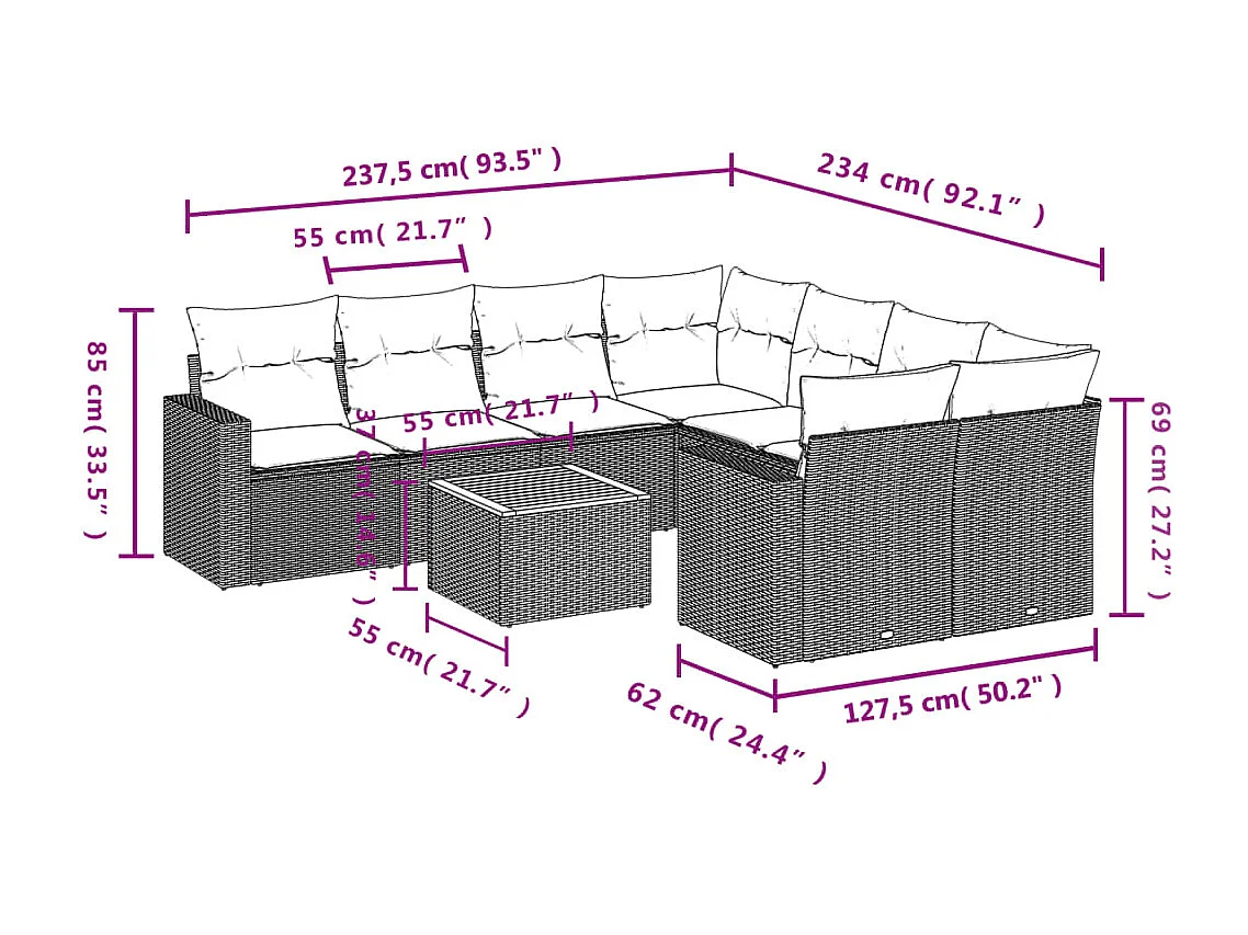 9-delige Loungeset met kussens poly rattan zwart