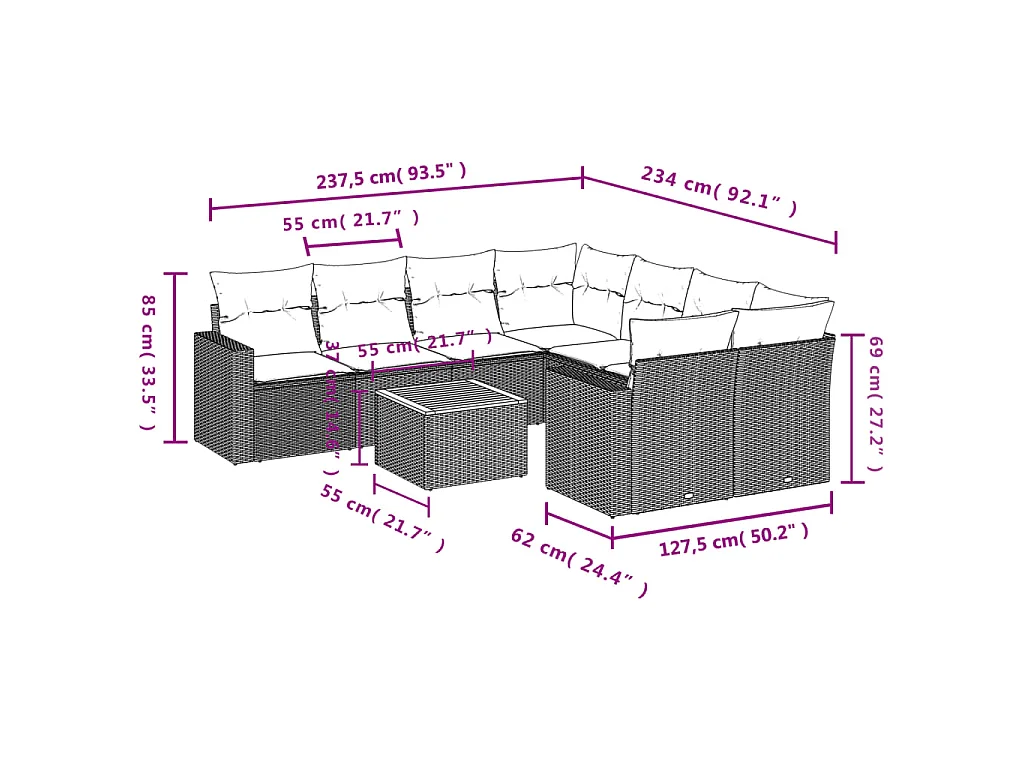 Salon de jardin 9 pcs avec coussins noir résine tressée