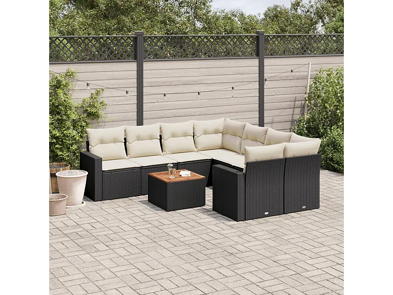 9-delige Loungeset met kussens poly rattan zwart