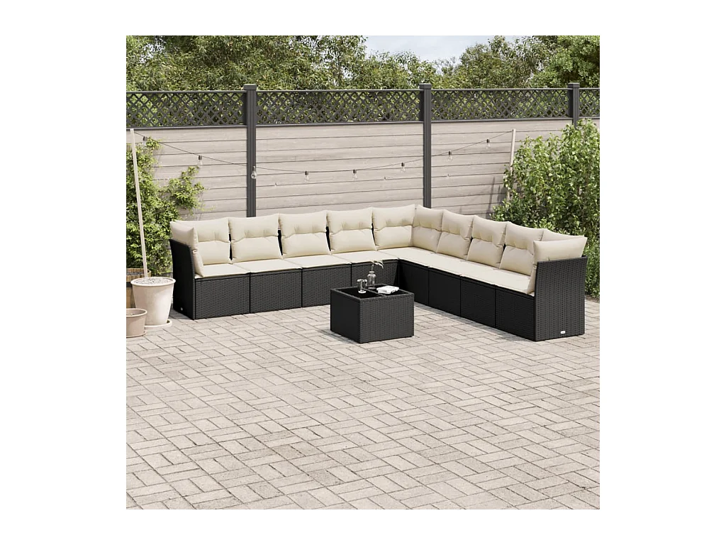10-delige Loungeset met kussens poly rattan zwart