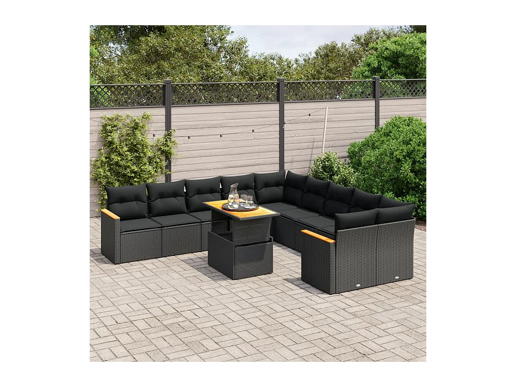11-delige Loungeset met kussens poly rattan zwart