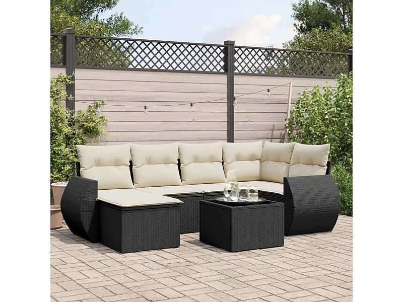 Salon de jardin 7 pcs avec coussins noir résine tressée
