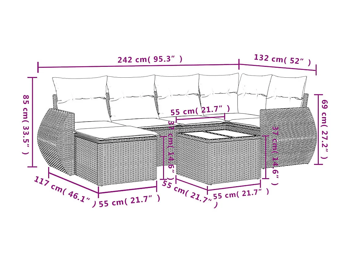 Salon de jardin 7 pcs avec coussins noir résine tressée