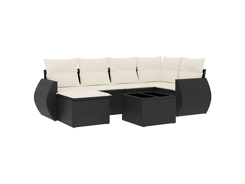 7-delige Loungeset met kussens poly rattan zwart