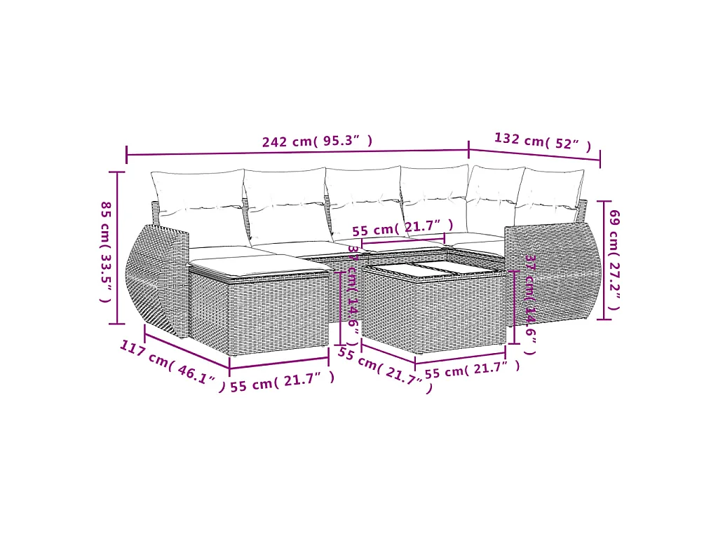 7-delige Loungeset met kussens poly rattan zwart