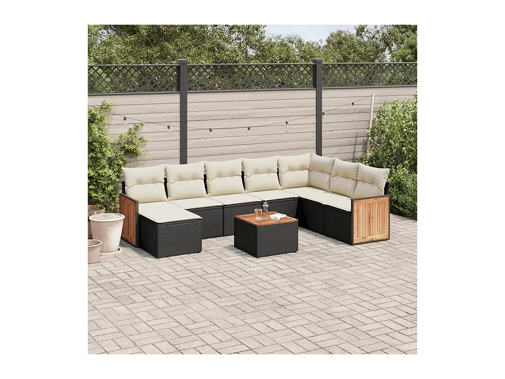 Salon de jardin 9 pcs avec coussins noir résine tressée