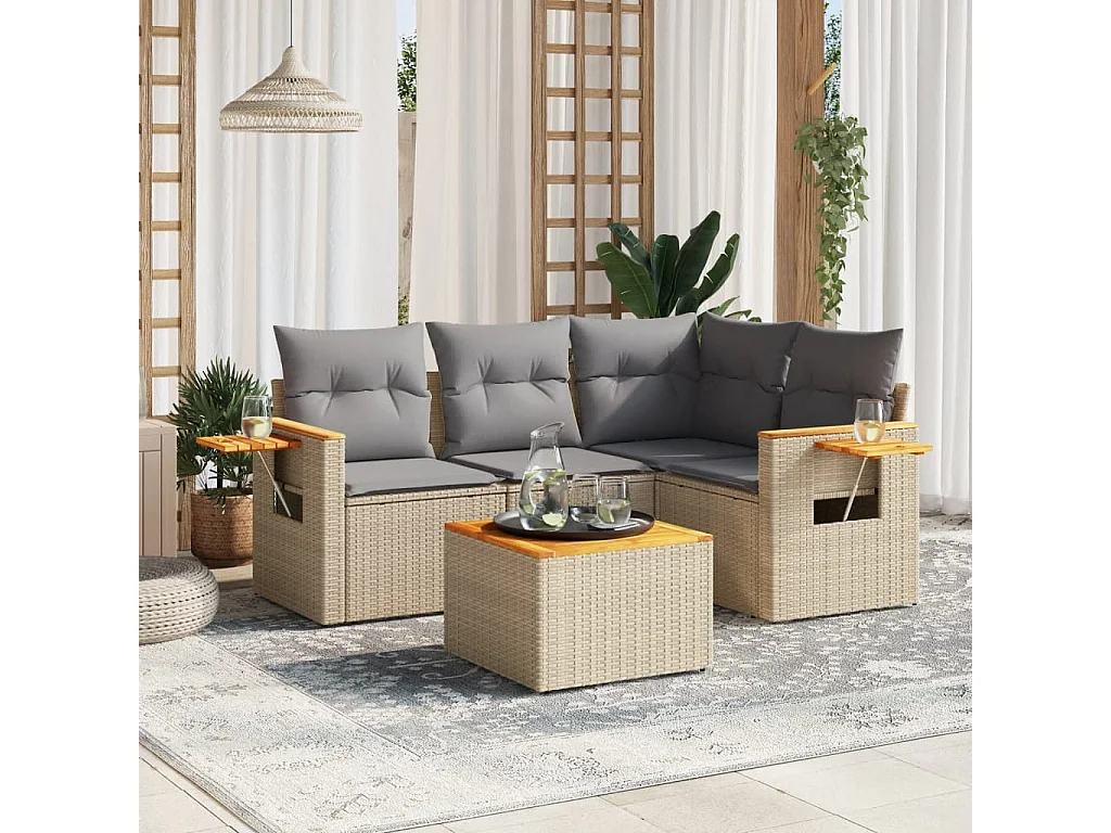 Set Divano da Giardino 5 pz con Cuscini Beige in Polyrattan