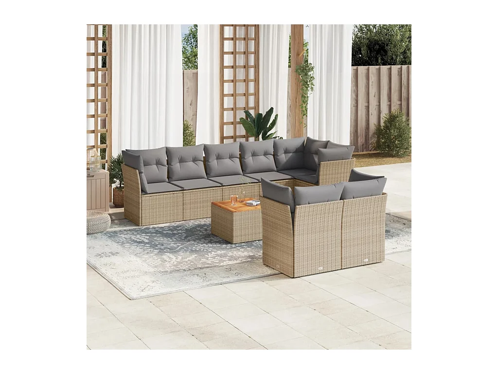 Set Divano da Giardino 9 pz con Cuscini Beige Misto Polyrattan