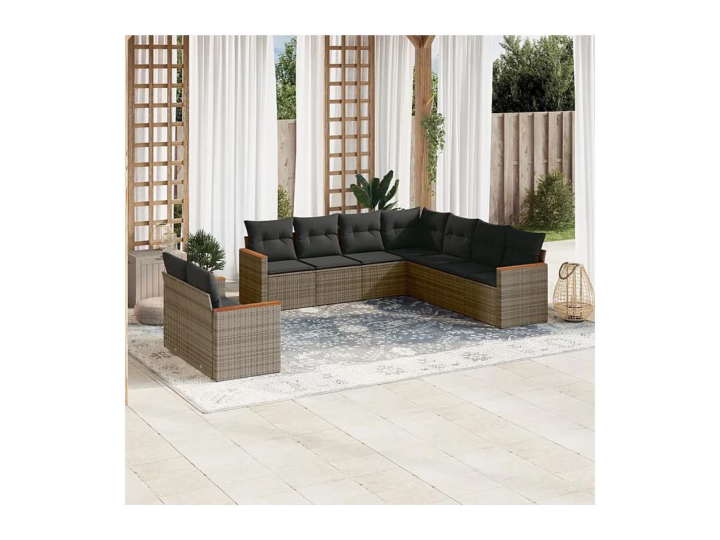 Set Divano da Giardino 9 pz con Cuscini Grigio in Polyrattan