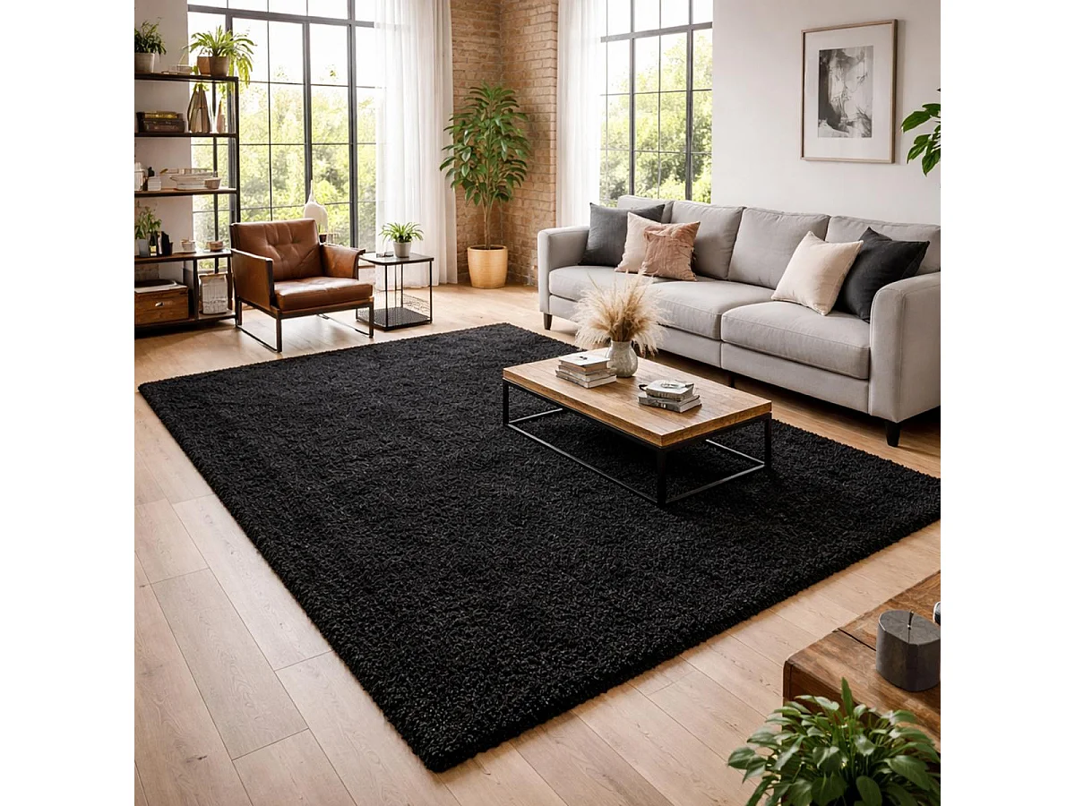 Tapis poils longs shaggy 80x150 rectangle tissÃ© antracite motif uni UNI L