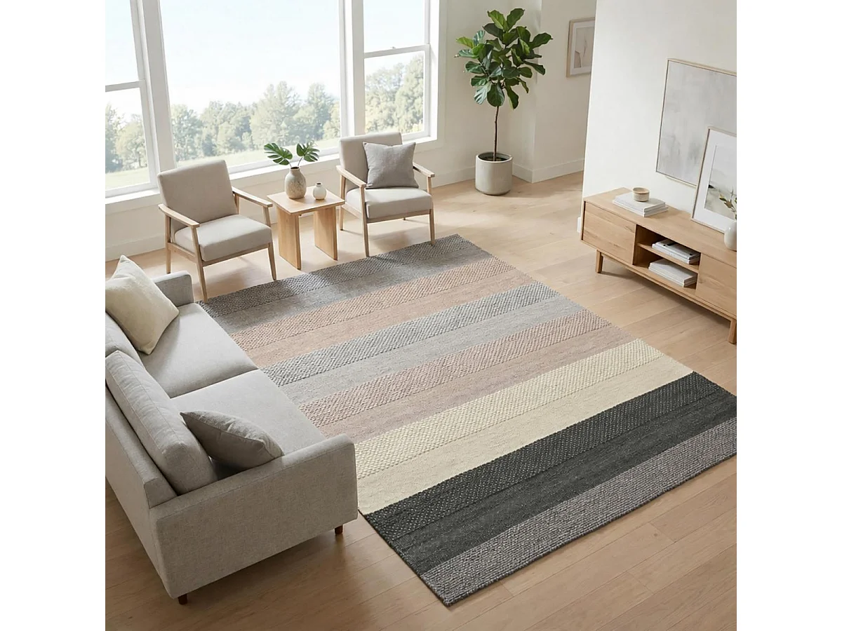 Tapis kilim 240x340 rectangle fait à la main en laine beige et bleu