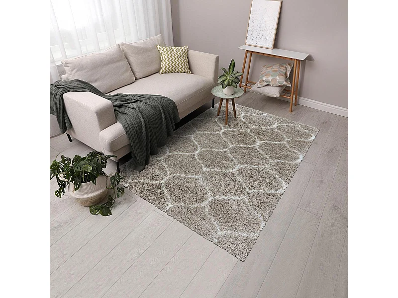 Tapis shaggy Ø160cm rond tissé beige et crème motif scandinave SCANDINAV A