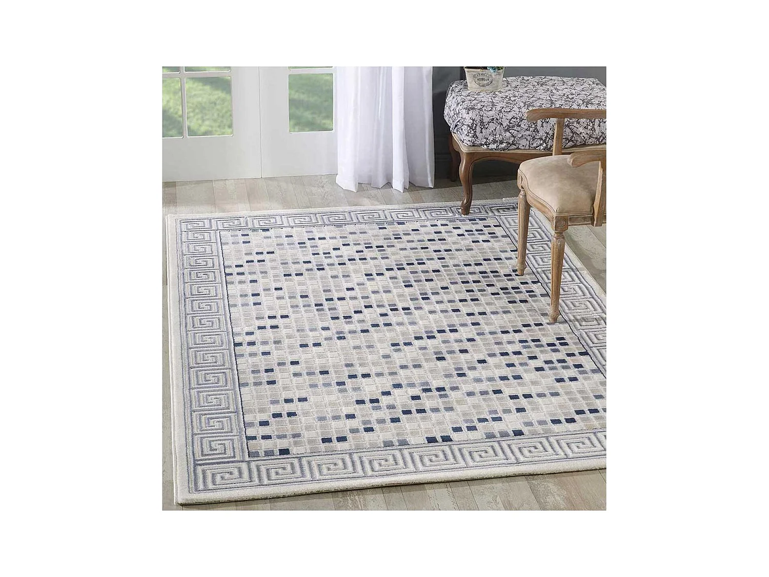 tapis salon 160x220 tissé bleu rectangle motif géométrique LYN7 BERIM