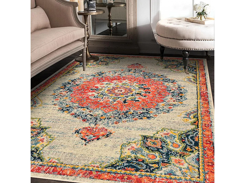 Tapis orient 120x170 rectangle crème et rouge tissé motif traditionnel OLCA