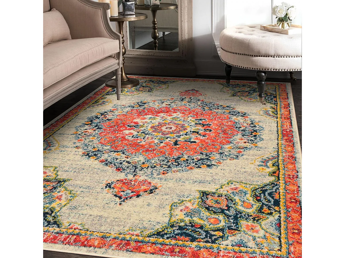 Tapis orient 120x170 rectangle crème et rouge tissé motif traditionnel OLCA