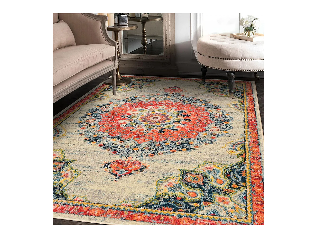 Tapis orient 120x170 rectangle crème et rouge tissé motif traditionnel OLCA