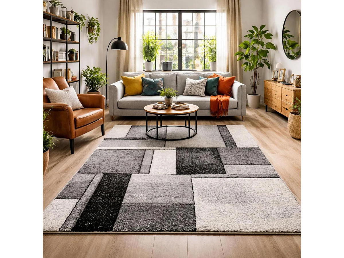 tapis salon 160x160 tissé gris carré motif géométrique LYN8 GEOME