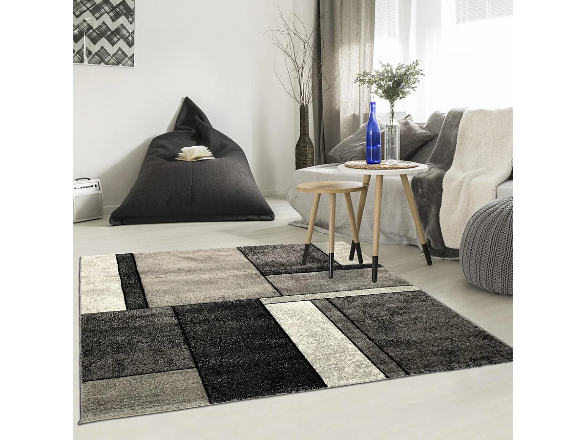 tapis salon 160x160 tissé gris carré motif géométrique LYN8 GEOME
