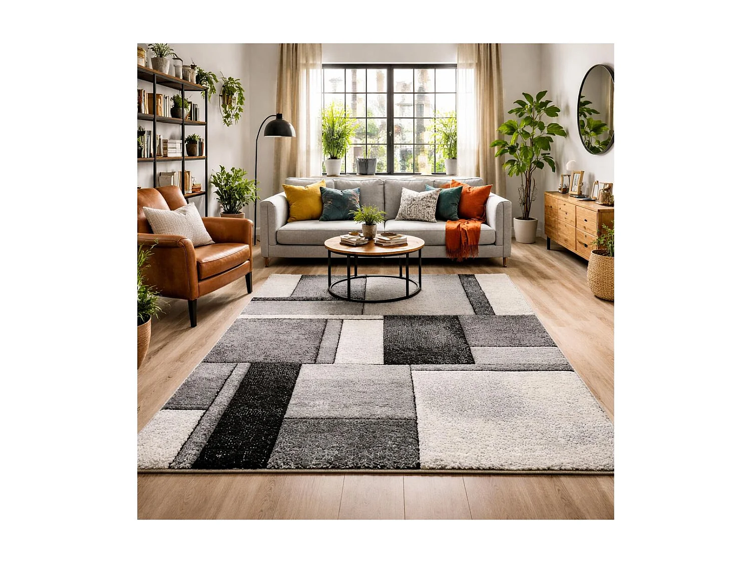 tapis salon 160x160 tissé gris carré motif géométrique LYN8 GEOME