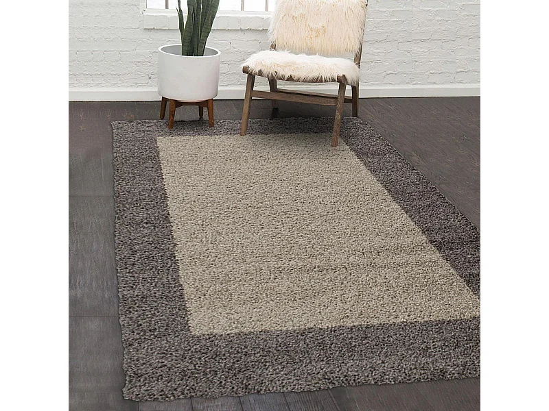 Tapis poils longs shaggy Ø200cm rond tissé beige et taupe motif simple BORDURE
