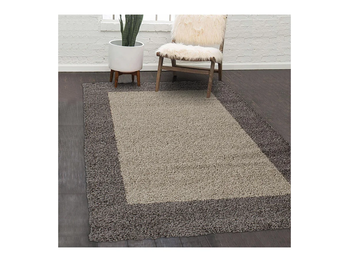 Tapis poils longs shaggy Ø200cm rond tissé beige et taupe motif simple BORDURE