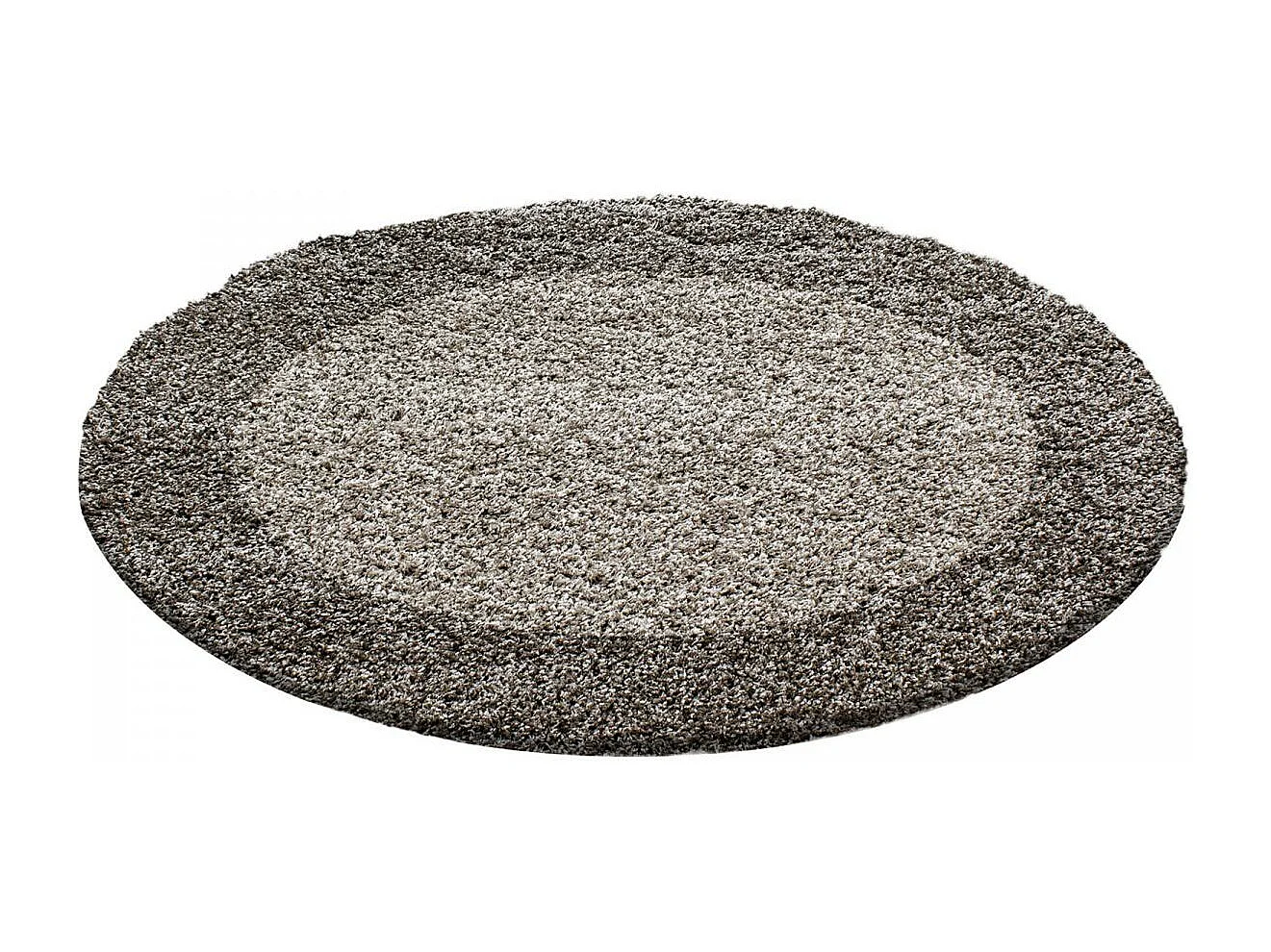 Tapis poils longs shaggy Ø200cm rond tissé beige et taupe motif simple BORDURE
