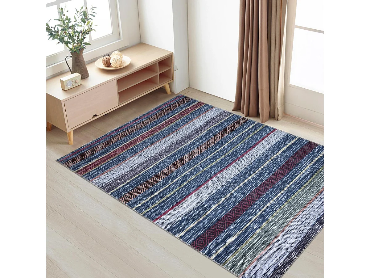 tapis chambre 150x230 tissé bleu et rouge rectangle motif ethnique NOBASTA