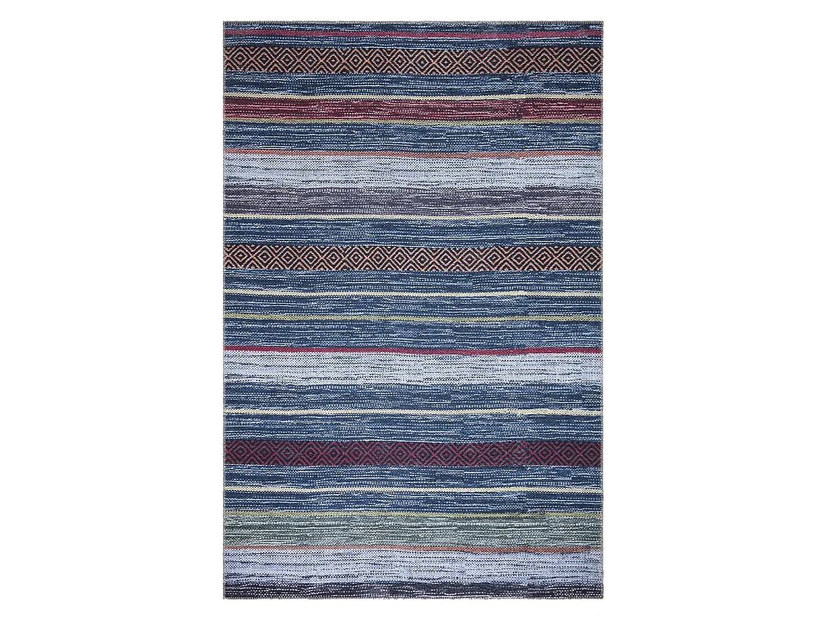 tapis chambre 150x230 tissé bleu et rouge rectangle motif ethnique NOBASTA