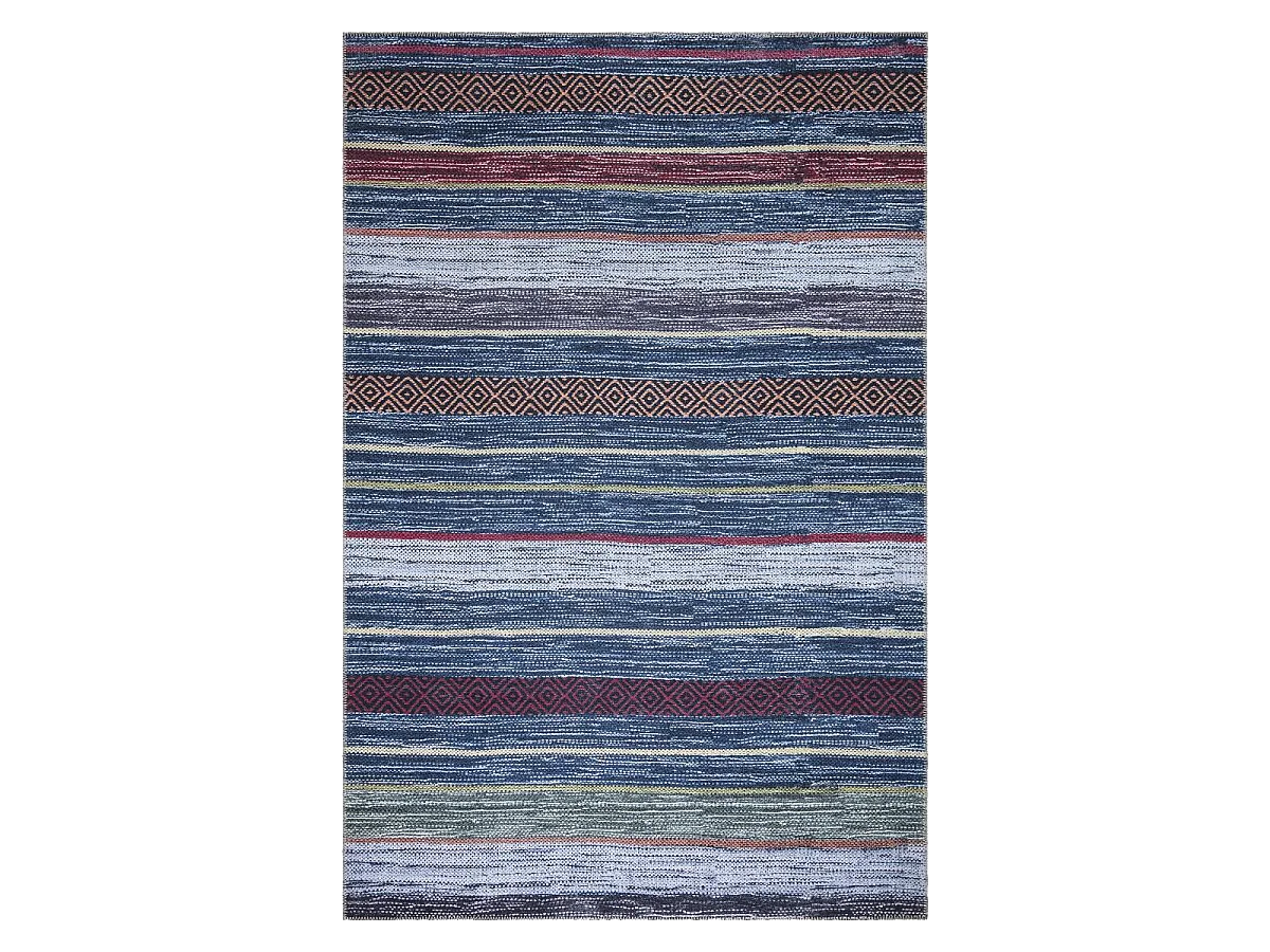 tapis chambre 150x230 tissé bleu et rouge rectangle motif ethnique NOBASTA