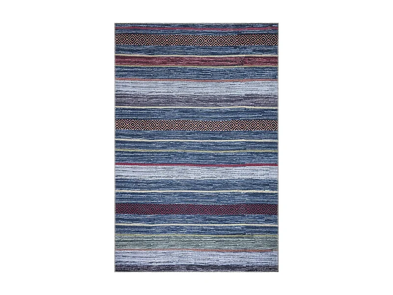 tapis chambre 150x230 tissé bleu et rouge rectangle motif ethnique NOBASTA