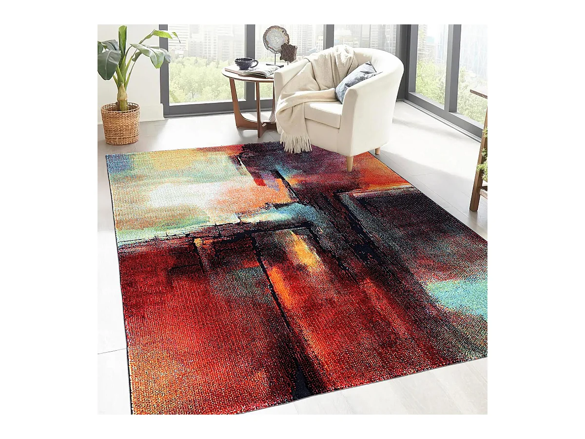 tapis chambre 80x150 tissé rouge et vert rectangle motif abstrait TABOR