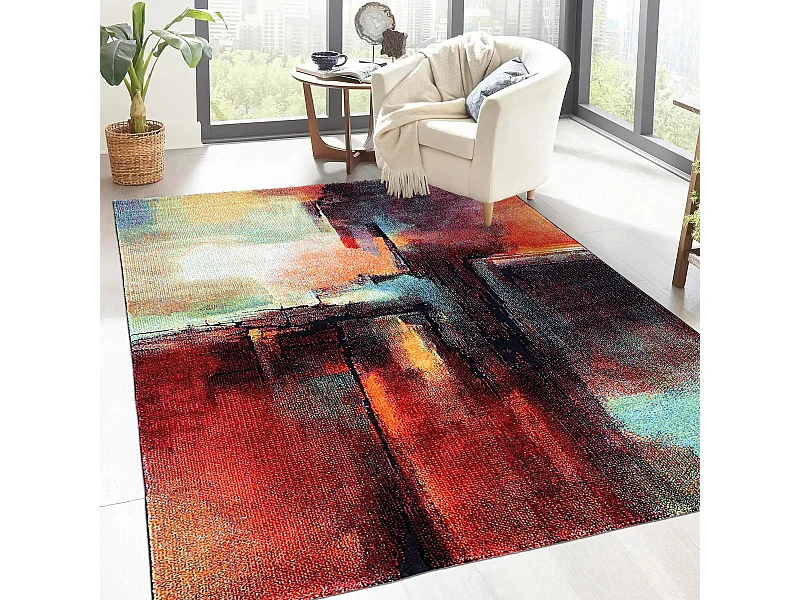 tapis chambre 80x150 tissé rouge et vert rectangle motif abstrait TABOR