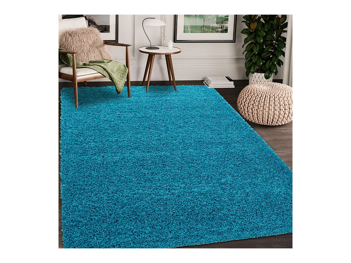 Tapis poils longs shaggy Ø200cm rond tissé turquoise motif uni UNI L