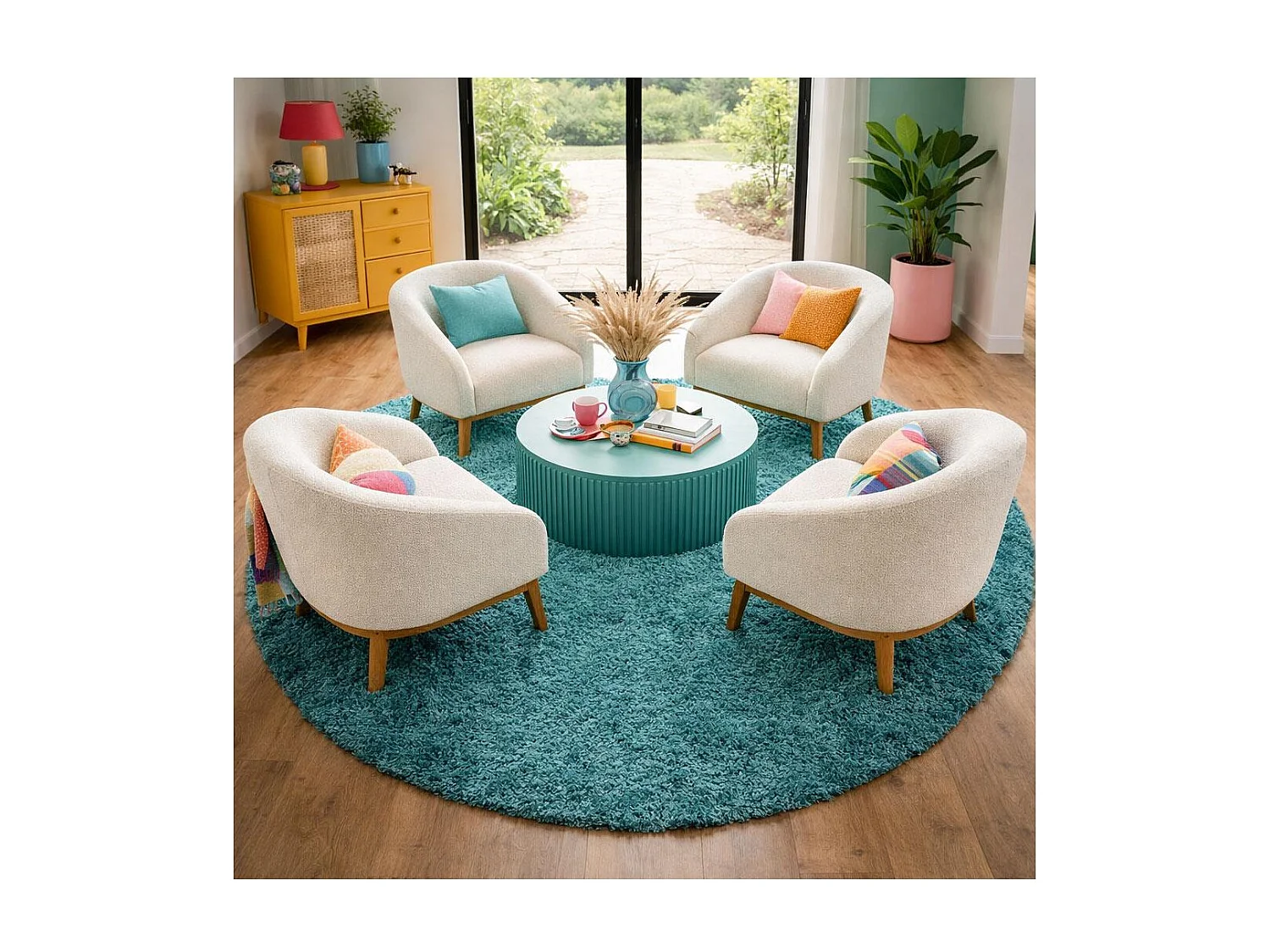 Tappeto Shaggy a pelo lungo Ø200cm tessuto rotondo turchese tinta unita UNI L