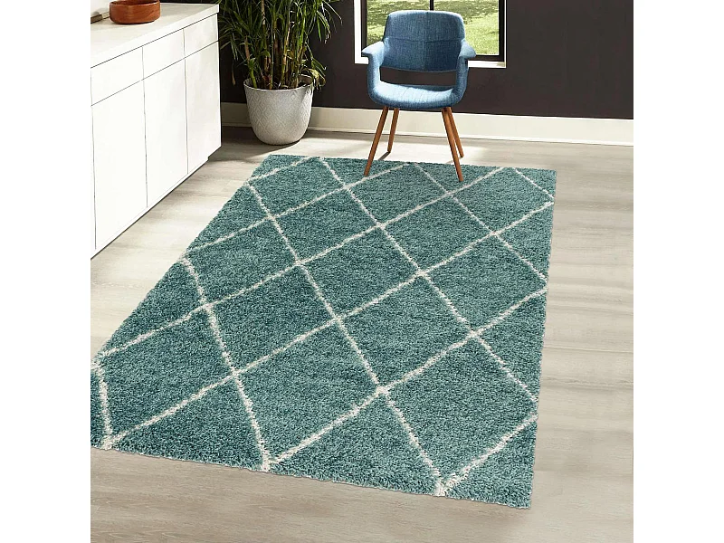 Tapis berbère 140x200 tissé motif losange SHAGGY A bleu