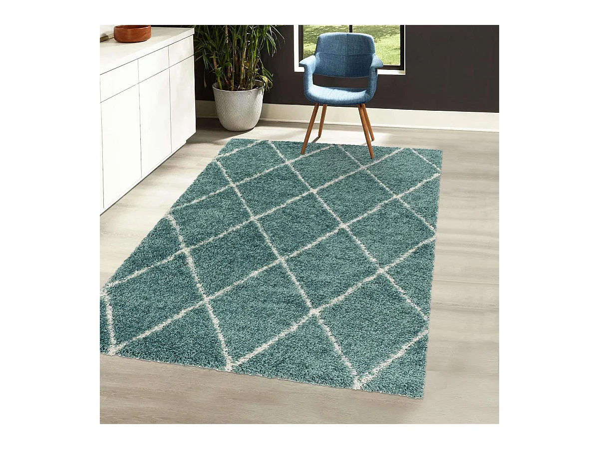 Tapis berbère 140x200 tissé motif losange SHAGGY A bleu