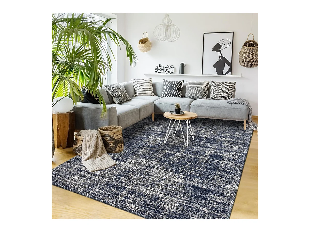 Tapis kilim 120x170 rectangle tissé bleu et blanc motif simple CLARK 12