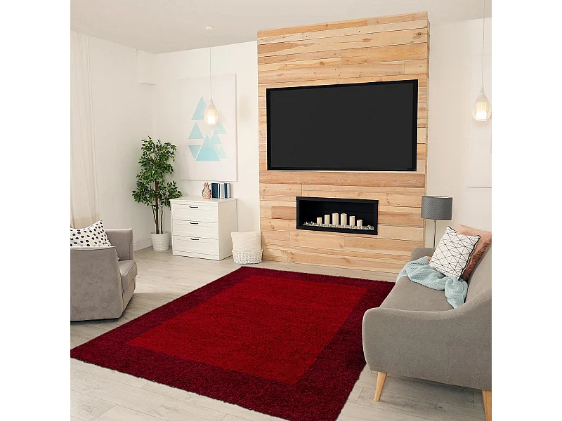Tapis poils longs shaggy Ø120cm rond tissé rouge clair et rouge foncé