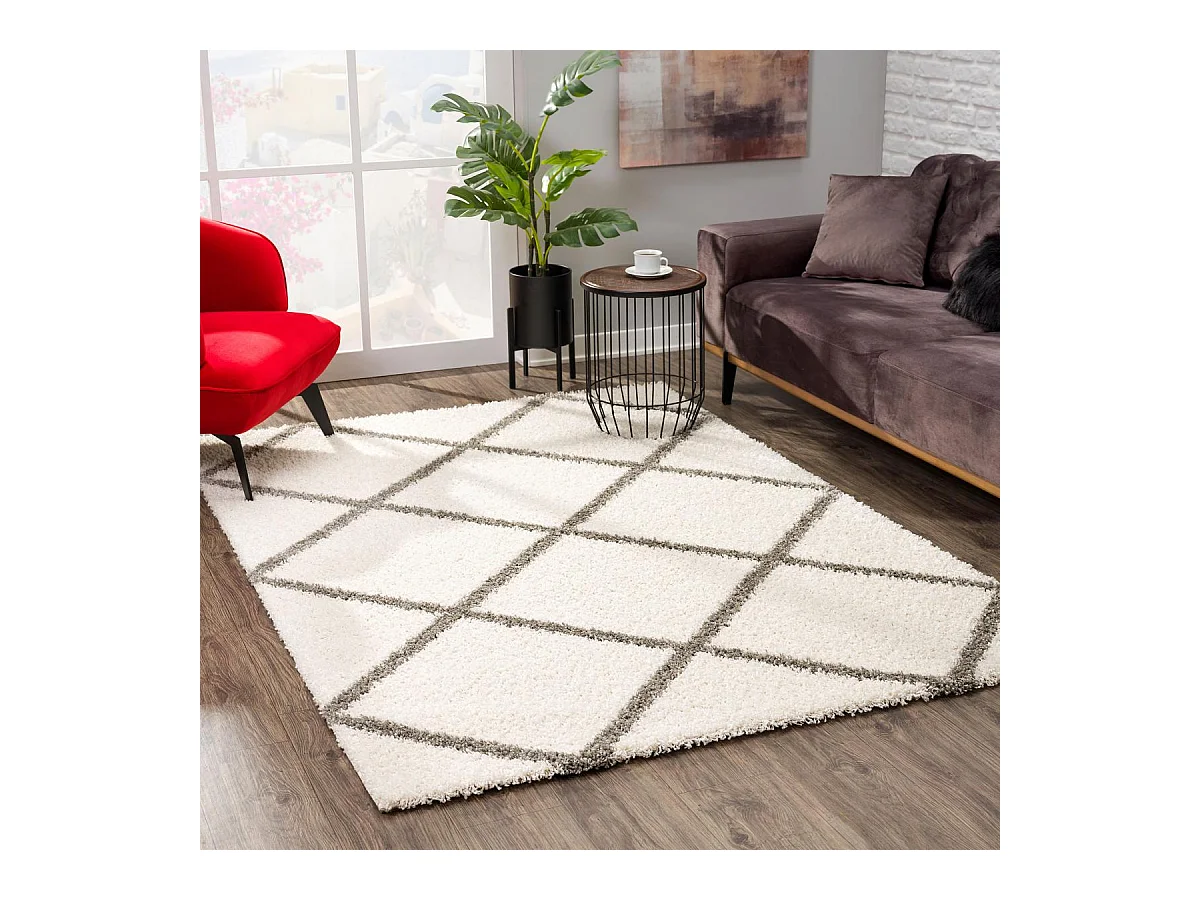 Tapis longs poils shaggy 80x150 rectangle tissé crème motif scandinave