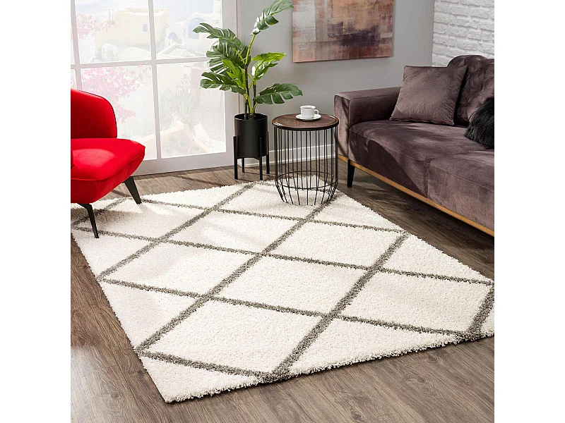 Tapis longs poils shaggy 80x150 rectangle tissé crème motif scandinave