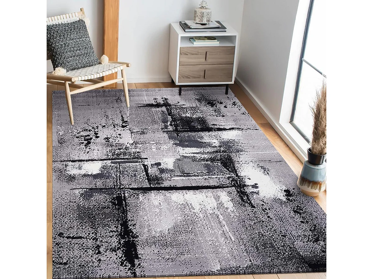 tapis salon 160x230 tissé gris rectangle motif abstrait LYN1 TABLO