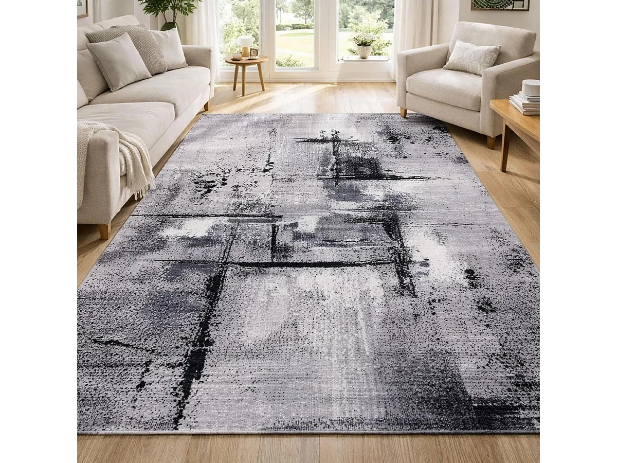 tapis salon 160x230 tissé gris rectangle motif abstrait LYN1 TABLO