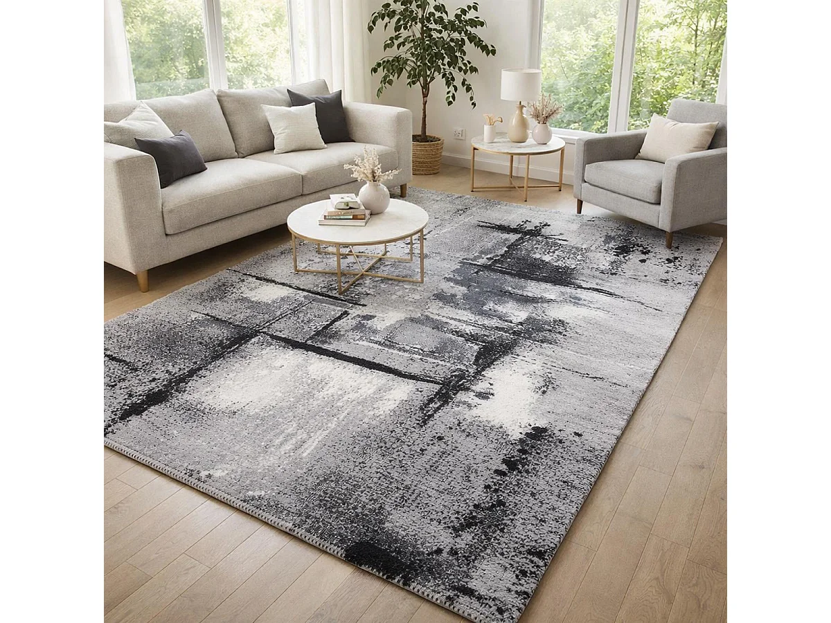 tapis salon 160x230 tissé gris rectangle motif abstrait LYN1 TABLO