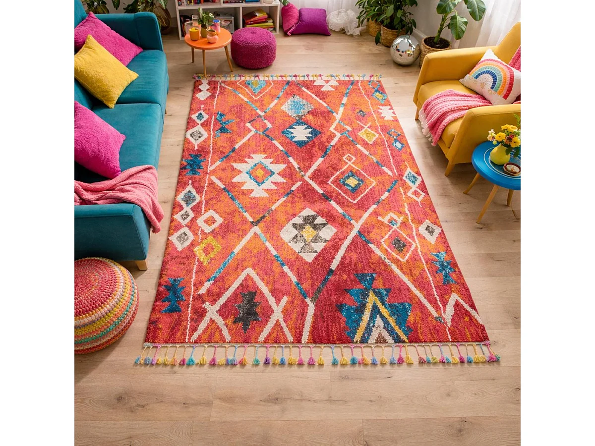 Tapis berbère 40x60 tissé motifs tribaux LYN5 OURIKA B bleu et jaune