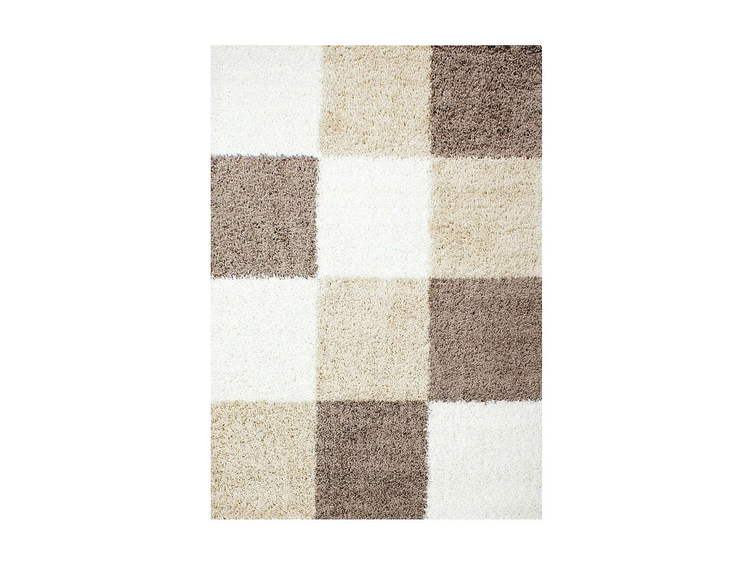 Tapis poils longs shaggy 80x150 rectangle tissé beige et marron motif damier